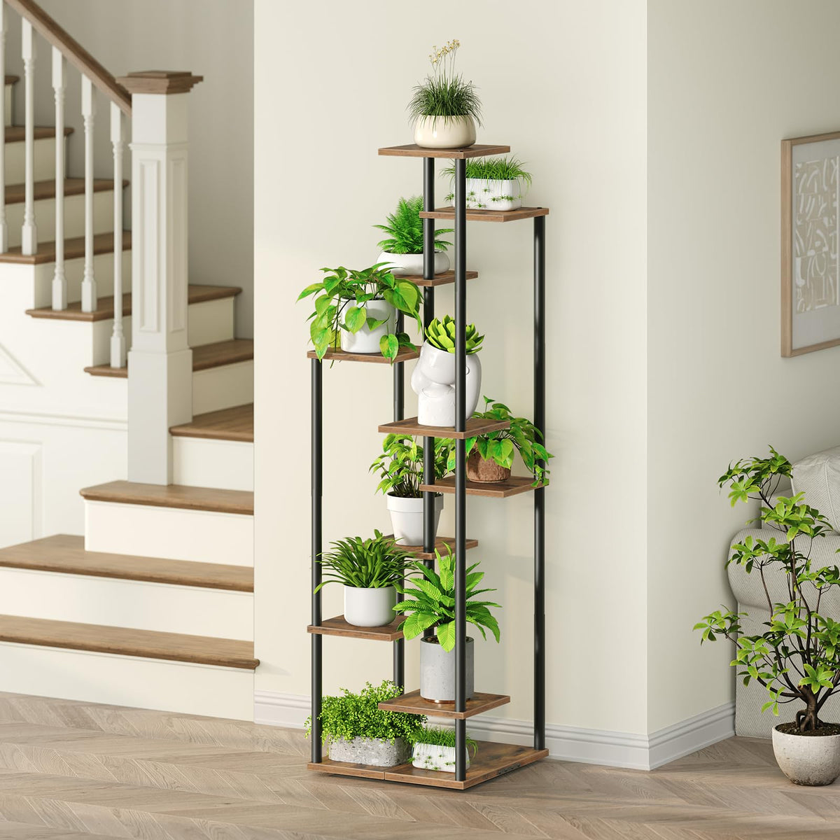 Yzosvki indoor plant shelf blends with decor while supporting organization.