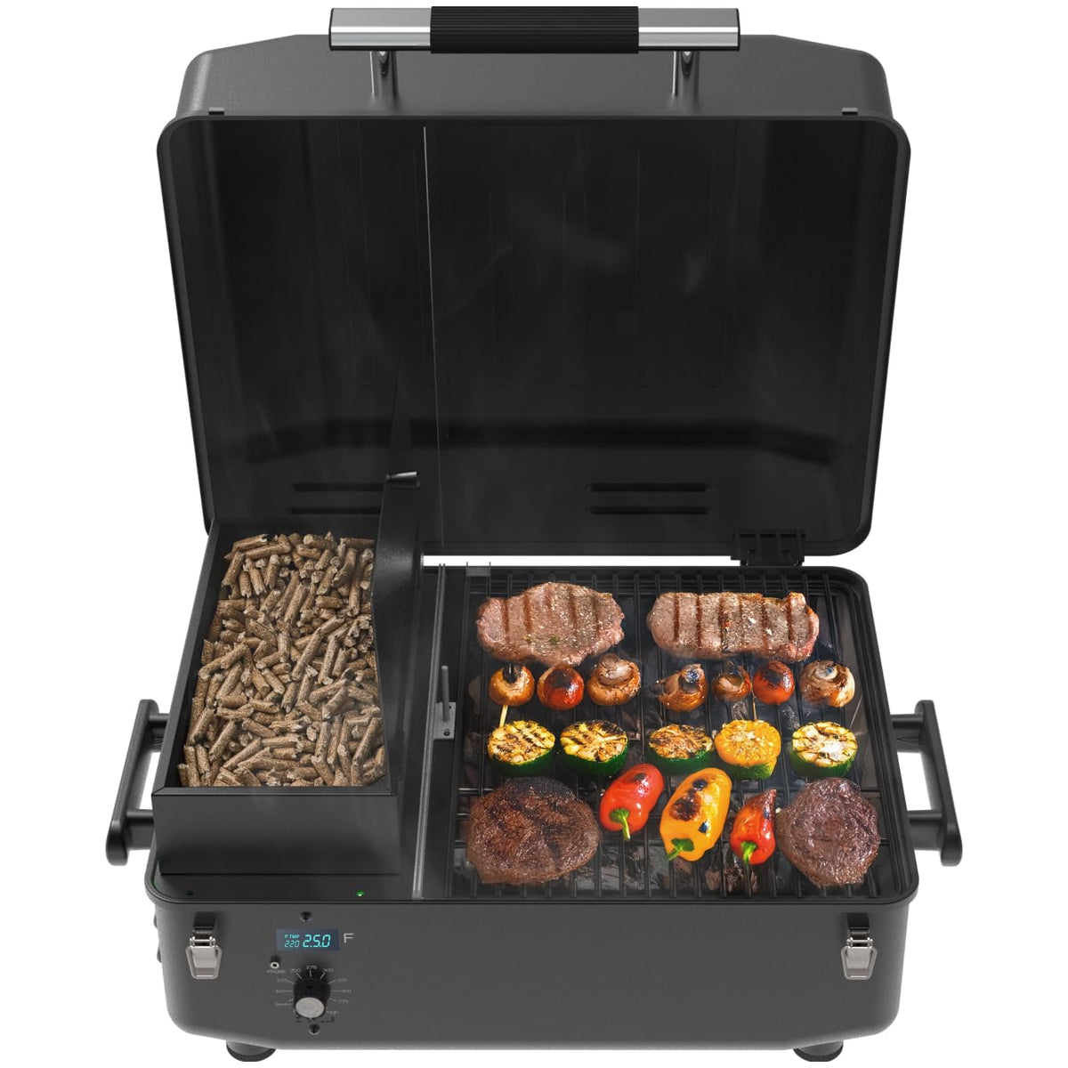 Z GRILLS 200A hopper holds 8 lbs for long smokey sessions.
