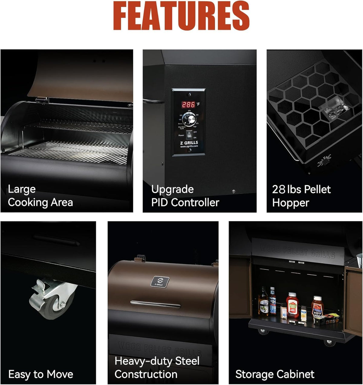 Z GRILLS 2026 upgrade pellet grill built-in storage cabinet keeps tools and pellets organized.