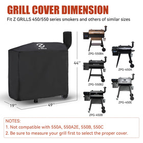 Z GRILLS pellet grill cover 49 inch side view demonstrating snug fit for 450 series