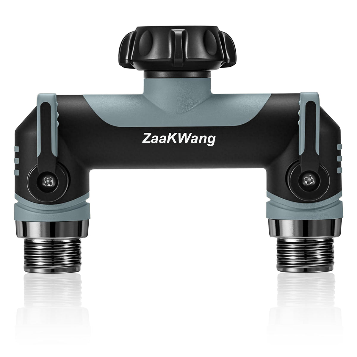 ZaakWang Garden Hose Splitter assembly showing dual outlets for multitasking.