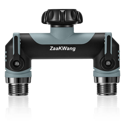ZaakWang Garden Hose Splitter assembly showing dual outlets for multitasking.