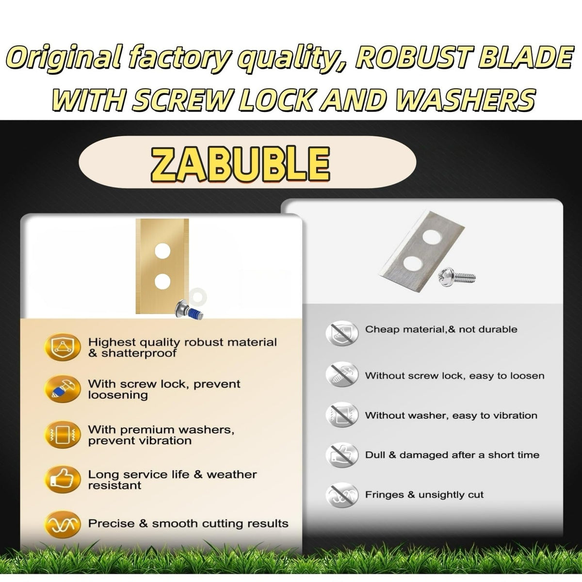 Zabuble galvanized screws with vibration-damping washers for quiet mowing