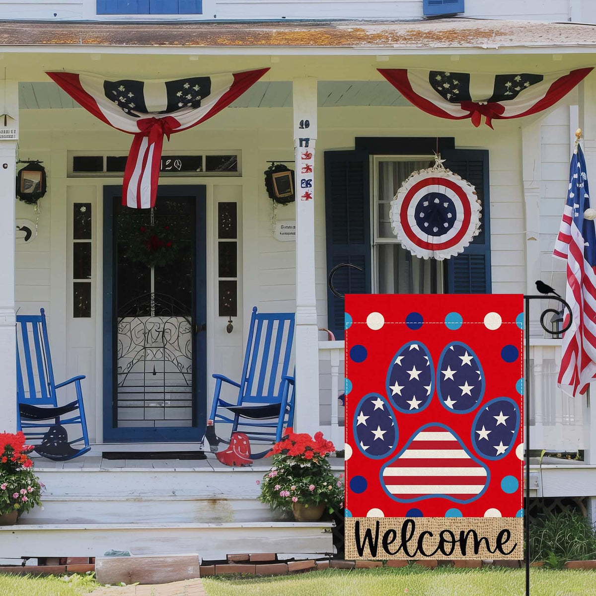 ZAEW jute garden flag adds rustic texture to porches.