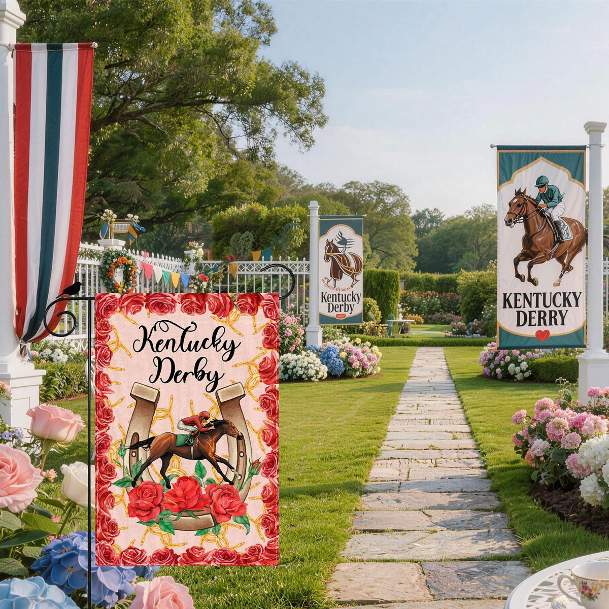 ZAEW Kentucky Horseshoe Roses flag back view, double-sided visibility in the yard.