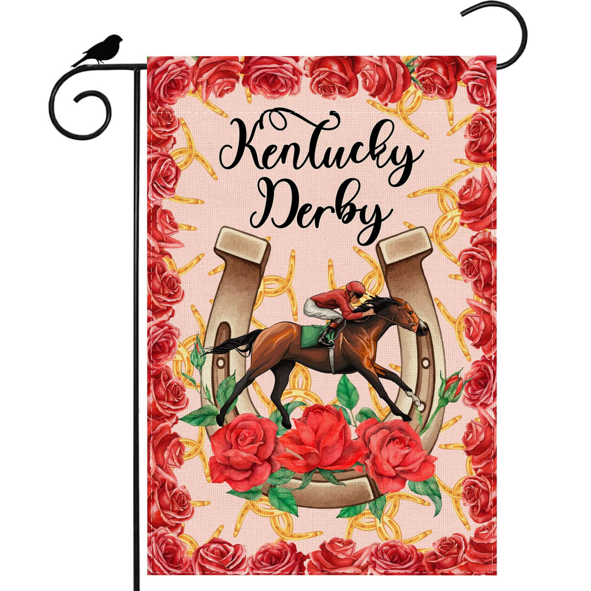 ZAEW Kentucky Horseshoe Roses flag front view, vibrant outdoor decor for gardens and yards.
