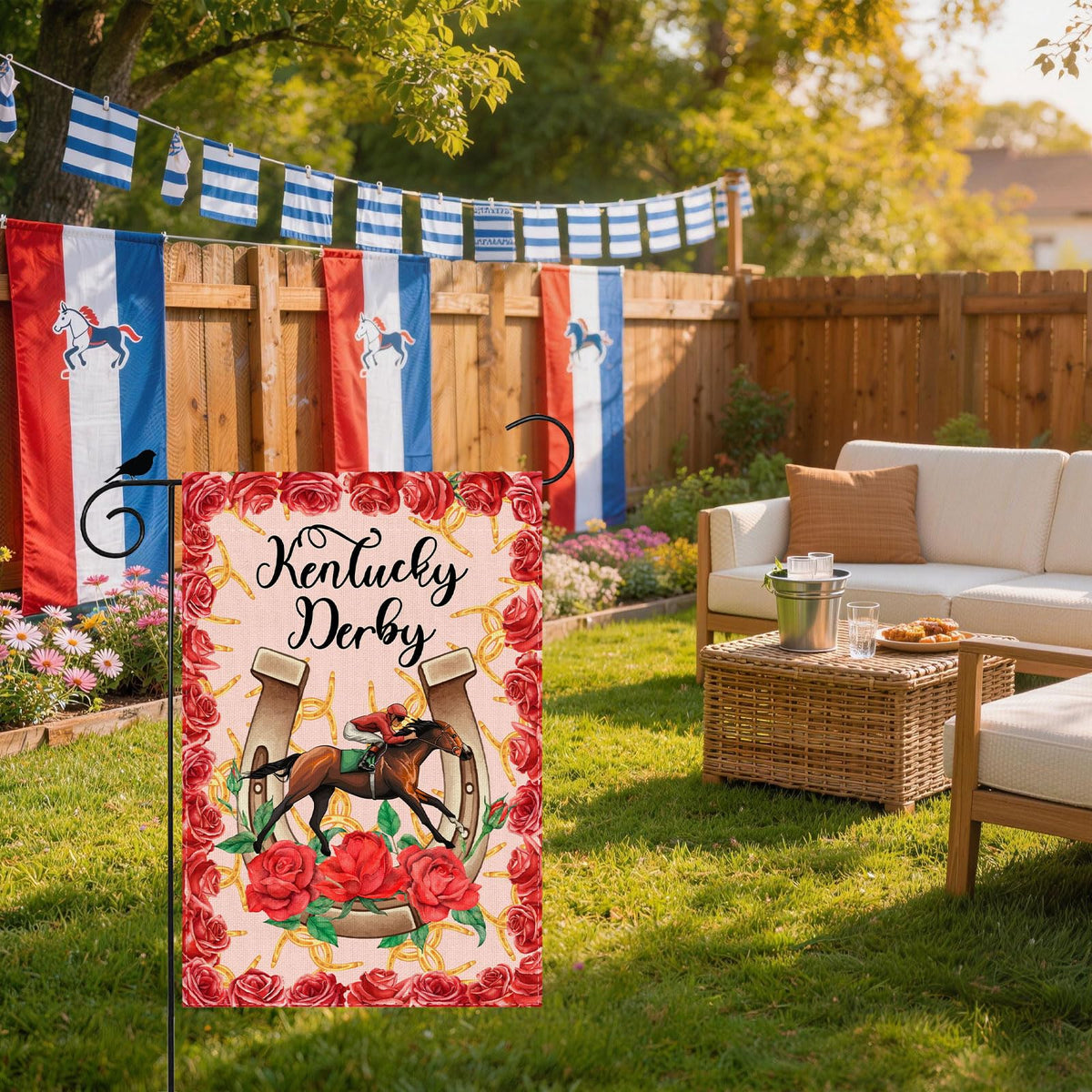 ZAEW Kentucky Horseshoe Roses flag outdoor-ready for wind and sun exposure.