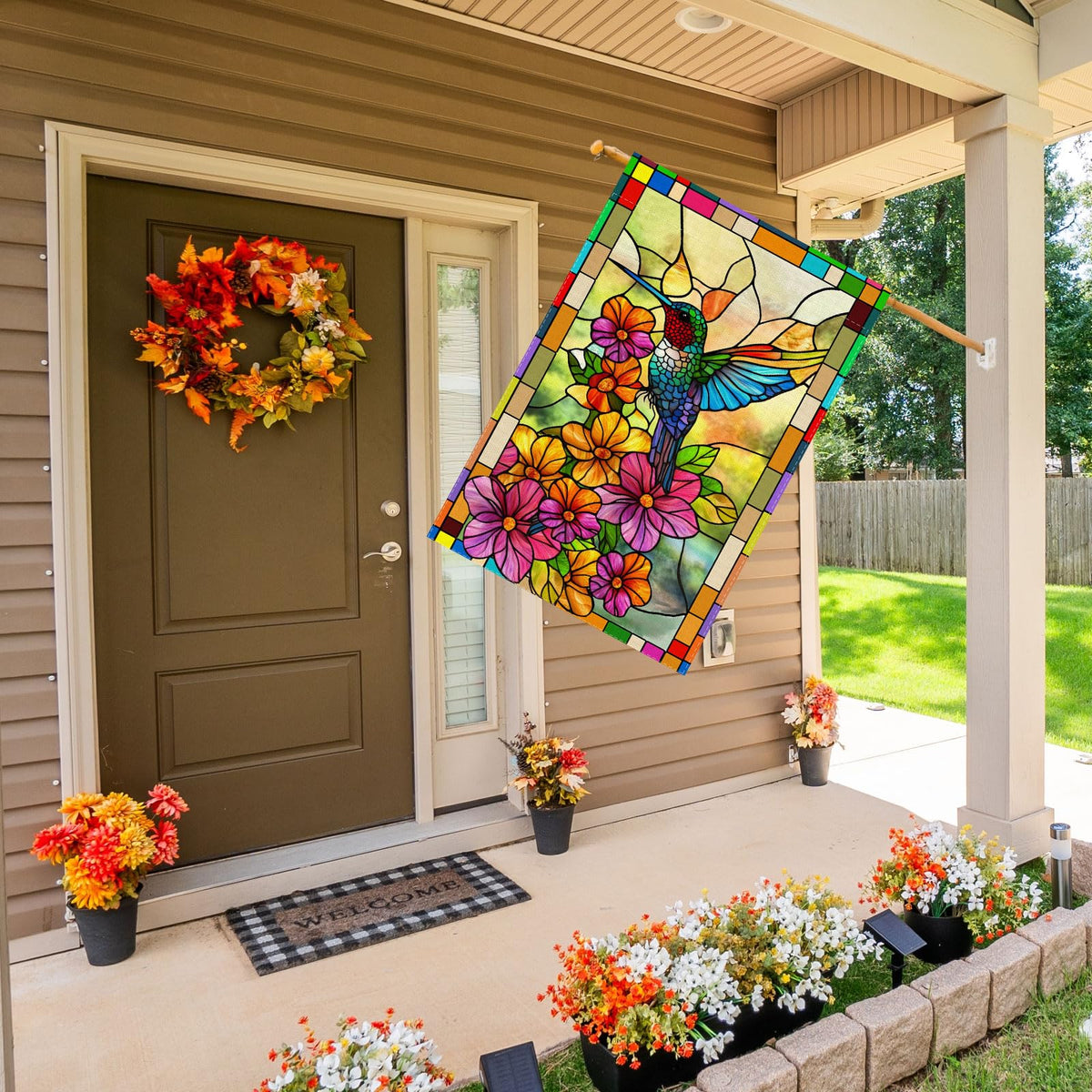 ZAEW stained glass pattern flag featuring hummingbird and flowers for seasonal outdoor decor.