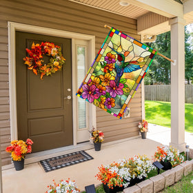 ZAEW stained glass pattern flag featuring hummingbird and flowers for seasonal outdoor decor.