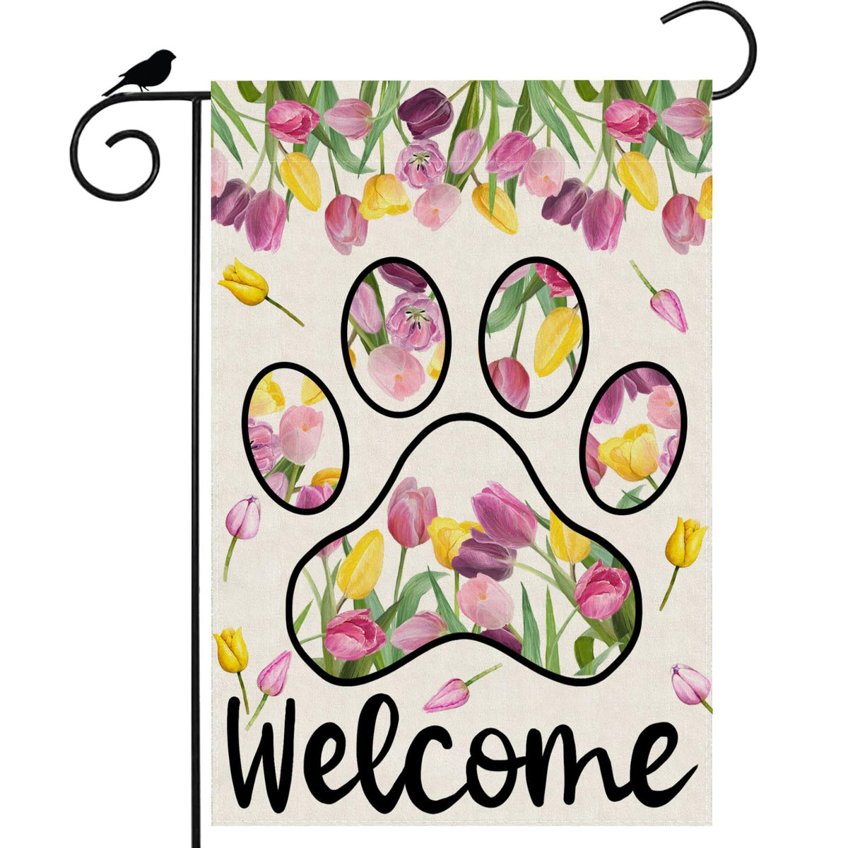 ZAEW Welcome Dog Paw Tulips flag, front view, durable jute for outdoor display