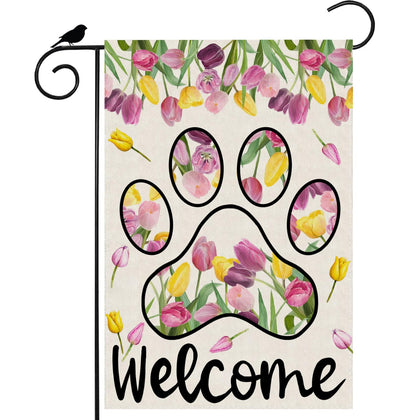 ZAEW Welcome Dog Paw Tulips flag, front view, durable jute for outdoor display