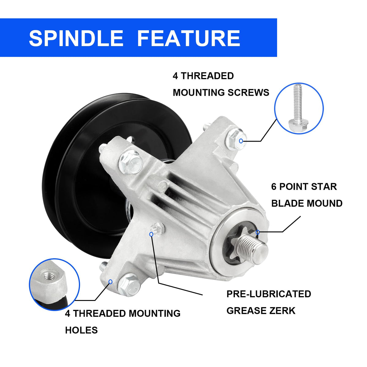 ZALANA 618-06978 spindle assembly showing side grease fitting for simple lubrication.