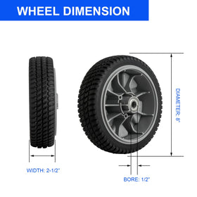 Zalana front wheel 8in close-up showing sturdy tread and rubber grip