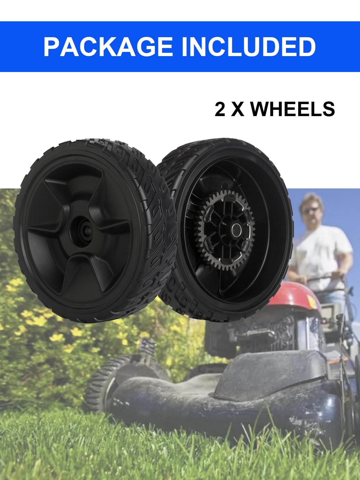 ZALANA 8in wheels for walk-behind mowers with durable plastic and metal gear.