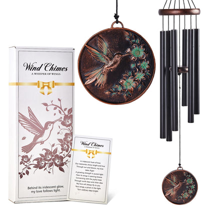 ZALMUNIA 34-inch hummingbird wind chimes in outdoor garden ambience.
