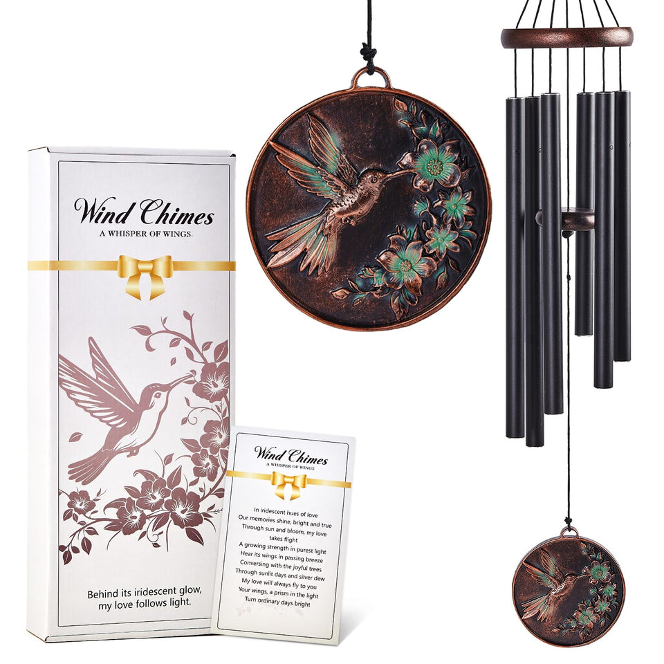 ZALMUNIA 34-inch hummingbird wind chimes in outdoor garden ambience.