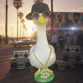ZANOLY goose outfit with bucket hat creates playful yard character.