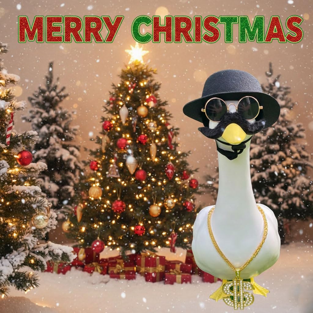 ZANOLY goose outfit with sunglasses adds modern flair to outdoor statues.