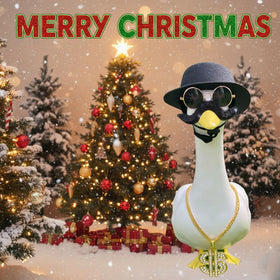 ZANOLY goose outfit with sunglasses adds modern flair to outdoor statues.
