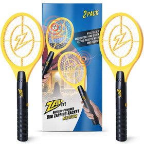 Zap It Bug Zapper Racket front view showing compact handheld design for quick outdoor use.