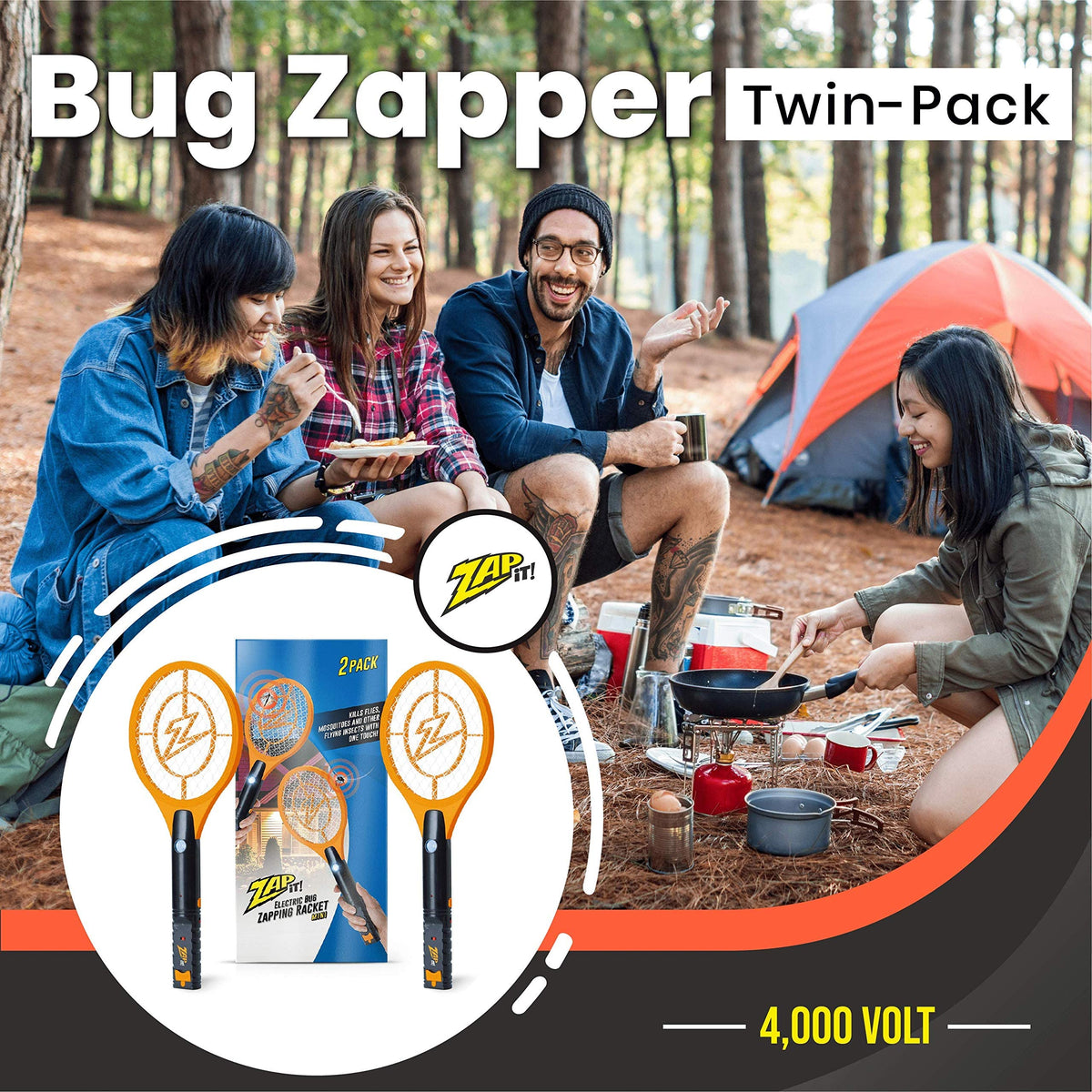 Zap It! Racket shown with USB charging cable for easy top-up.