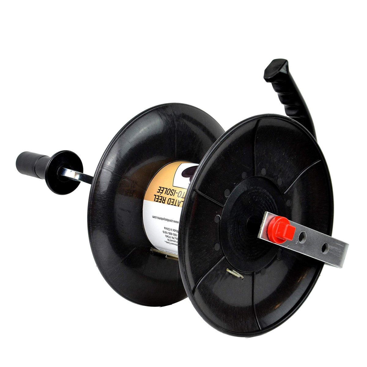 Zareba 145 self-insulated wire reel with spool prevents tangling during installation.