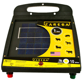Zareba ESP10M-Z solar energizer on a T-post for remote pasture fencing