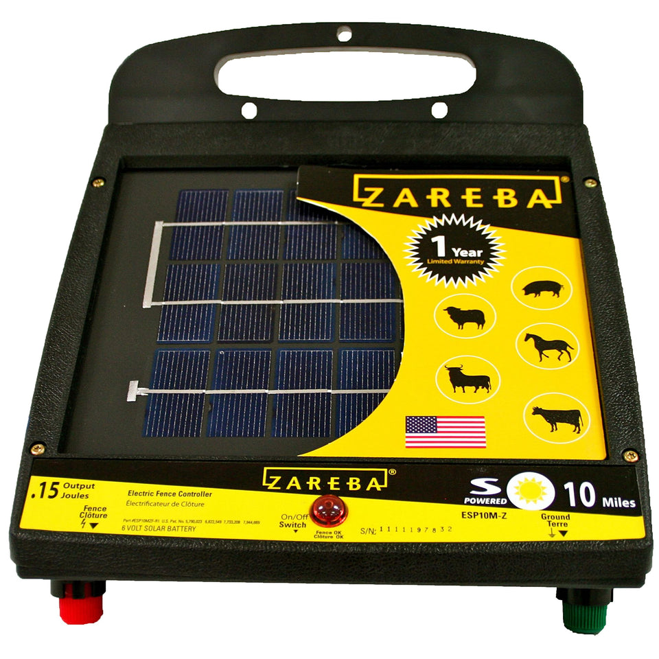 Zareba ESP10M-Z solar energizer on a T-post for remote pasture fencing
