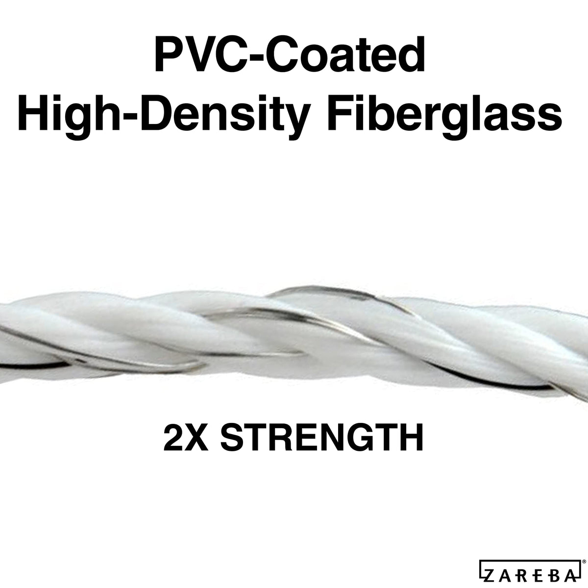 Zareba polyrope shows PVC coating for weather resistance.