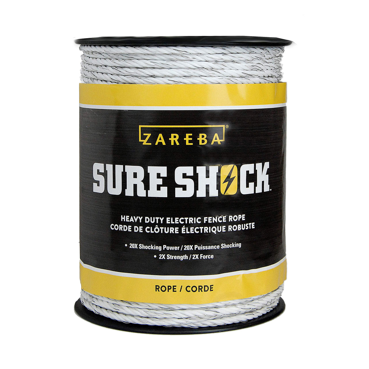 Zareba Sure Shock polyrope reel showing 656 ft and 8 mm diameter.