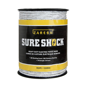 Zareba Sure Shock polyrope reel showing 656 ft and 8 mm diameter.