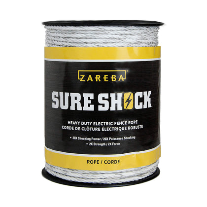 Zareba Sure Shock polyrope reel showing 656 ft and 8 mm diameter.
