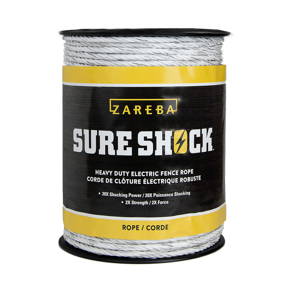 Zareba Sure Shock polyrope reel showing 656 ft and 8 mm diameter.