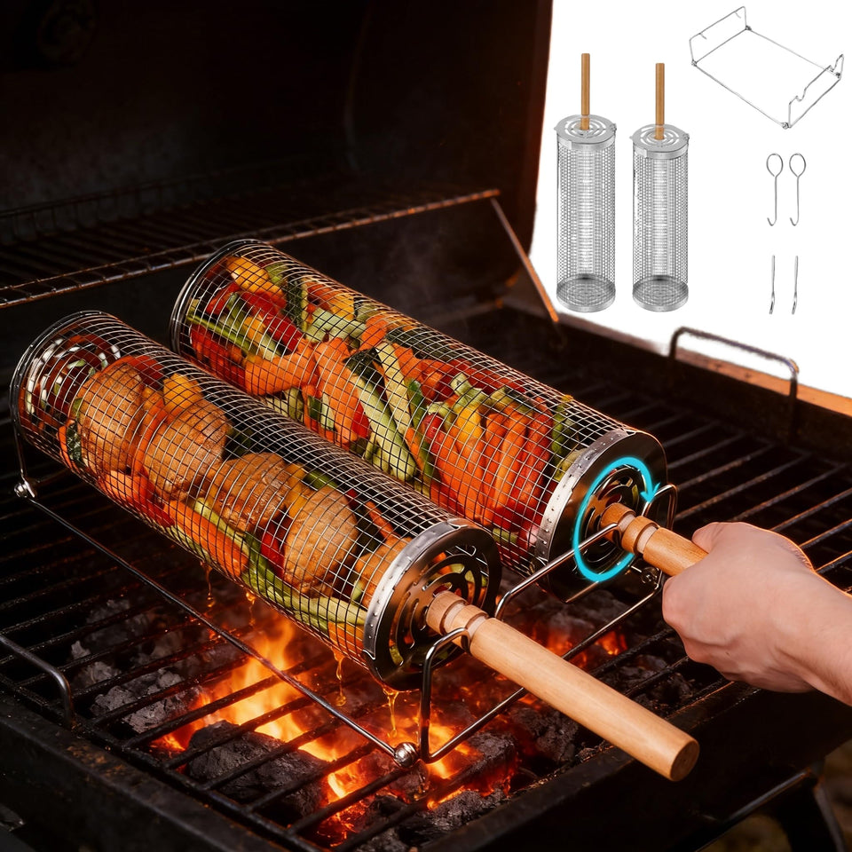 ZASTREXIS rolling grill basket with removable handle for safer grilling