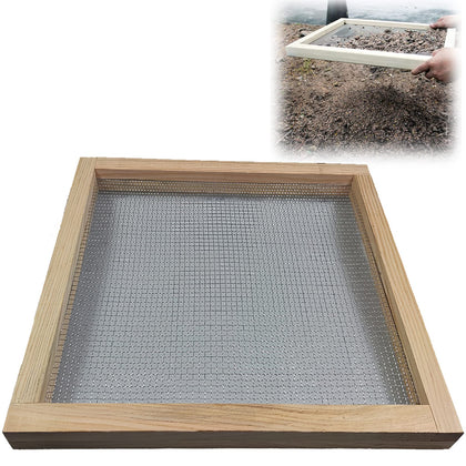 ZAWR soil sifter with wooden frame for robust garden use and dirt separation.