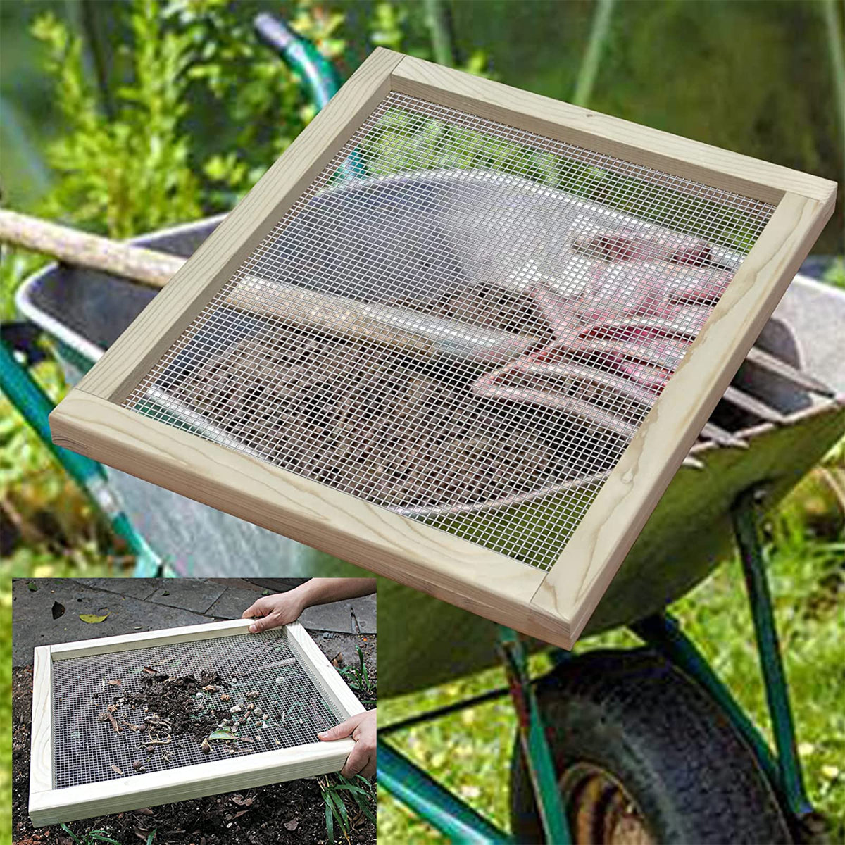 ZAWR wooden frame sifter shown with metal mesh for efficient soil cleanup.