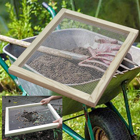 ZAWR wooden frame sifter shown with metal mesh for efficient soil cleanup.
