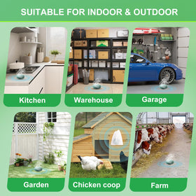 Outdoor use on patios and garages provides extended deterrence.