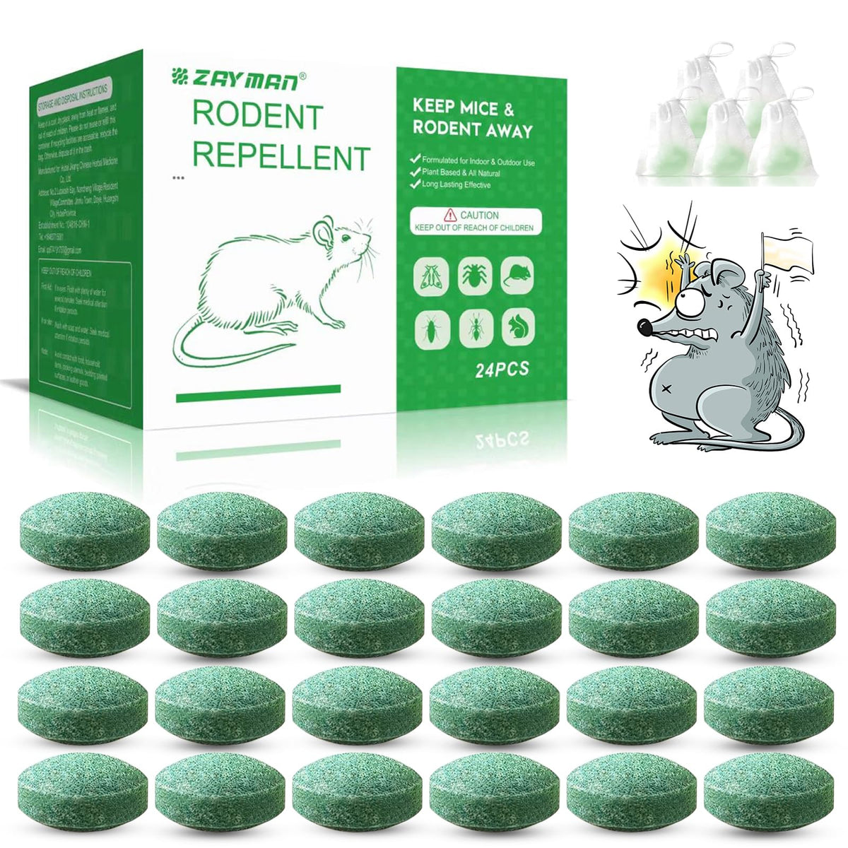 ZAYMAN 24PCS mouse repellent packaging shows peppermint scent for deterrence.