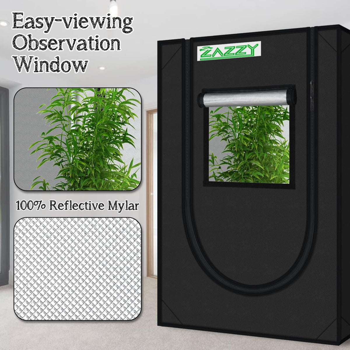 Observation window lets you monitor plant progress without opening the tent.