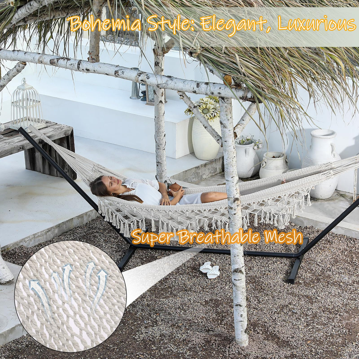 ZEANTZ handwoven hammock with thick cotton rope offers breathable comfort.