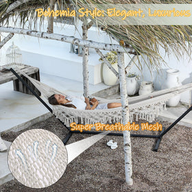 ZEANTZ handwoven hammock with thick cotton rope offers breathable comfort.