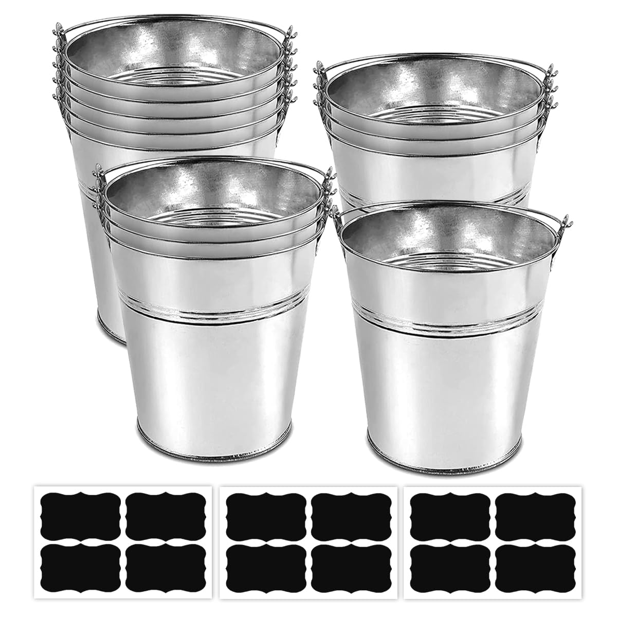 ZEDEV 12-piece galvanized buckets set for garden display and organization.