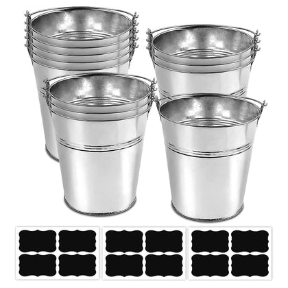 ZEDEV 12-piece galvanized buckets set for garden display and organization.