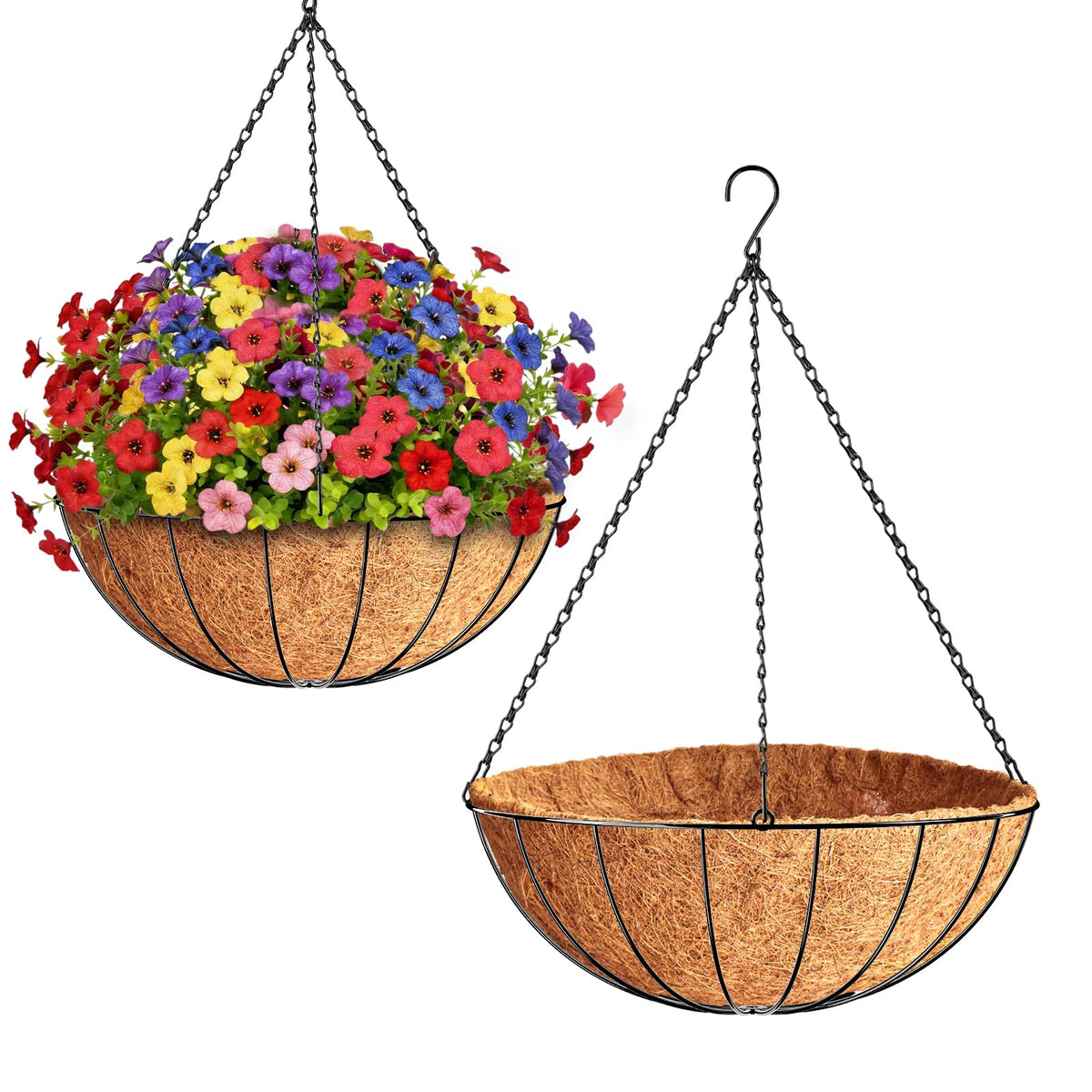 ZeeDix 2-pack hanging basket set with 20-inch coconut liners for outdoor flowers