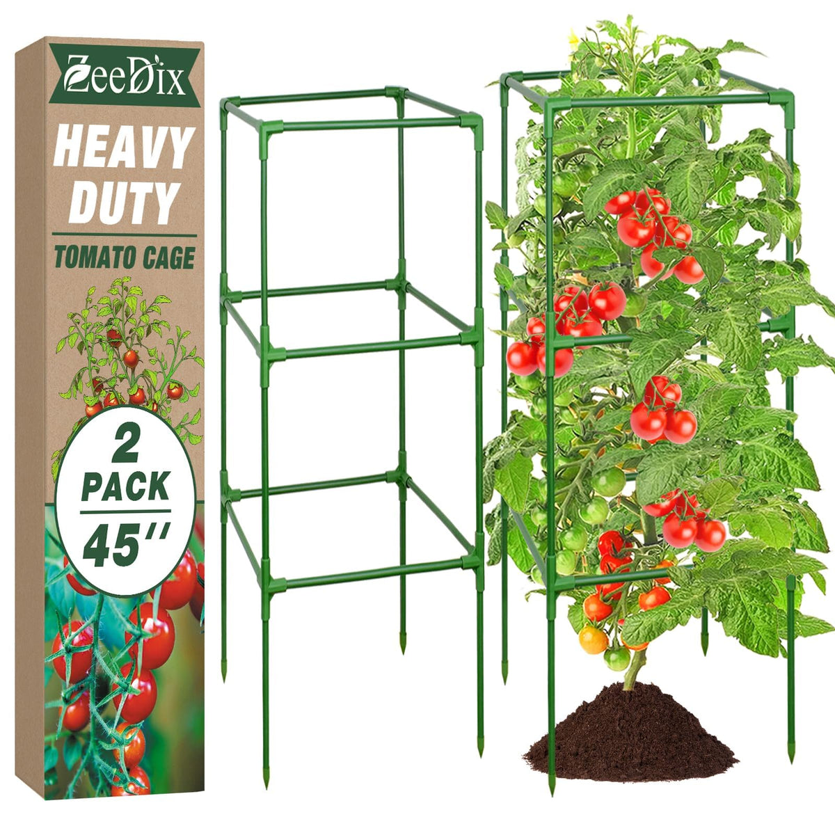 ZeeDix 45-inch tomato cages 2-pack provide sturdy, expandable support for climbing vegetables.