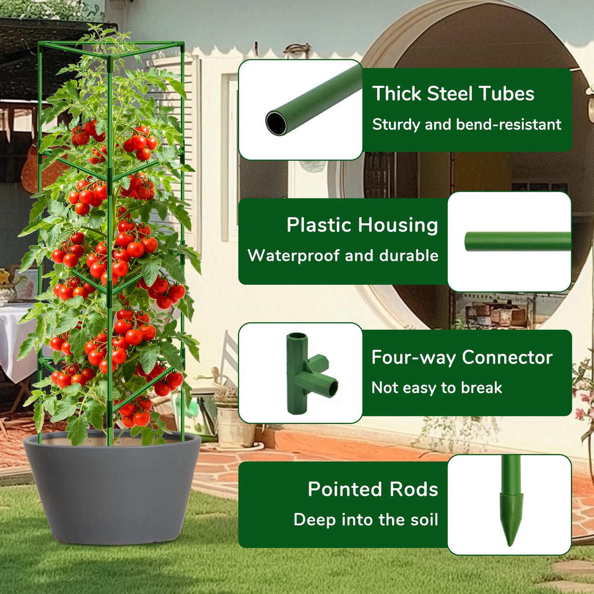 ZeeDix adjustable height tomato trellis adapts from 14.8 inches to 57 inches.