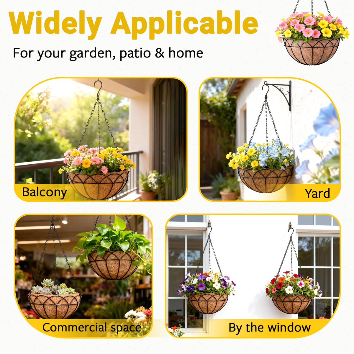ZeeDix large 14-inch basket fits flowers, herbs, succulents, and trailing vines beautifully.