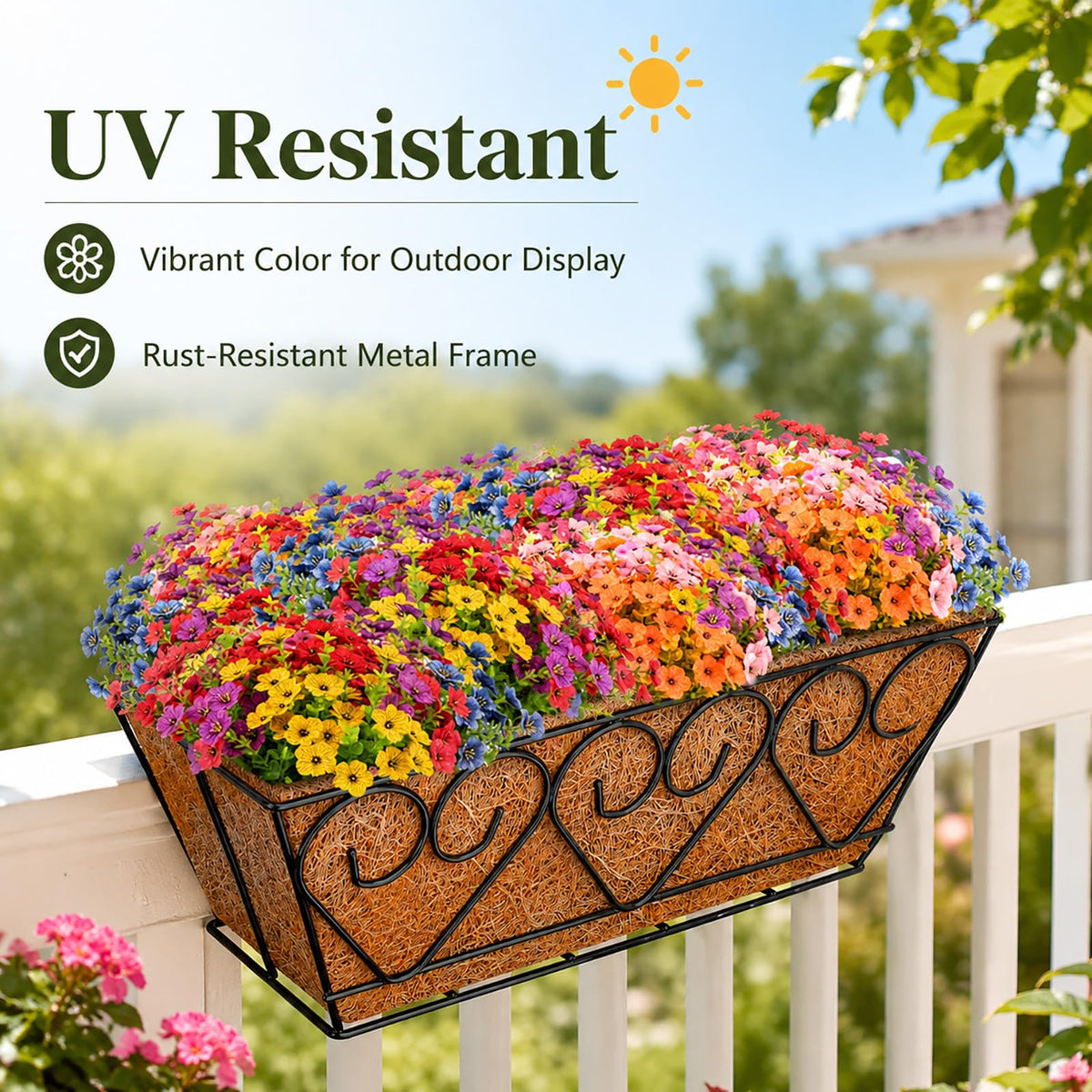 ZeeDix outdoor balcony decor with faux flowers enhances curb appeal