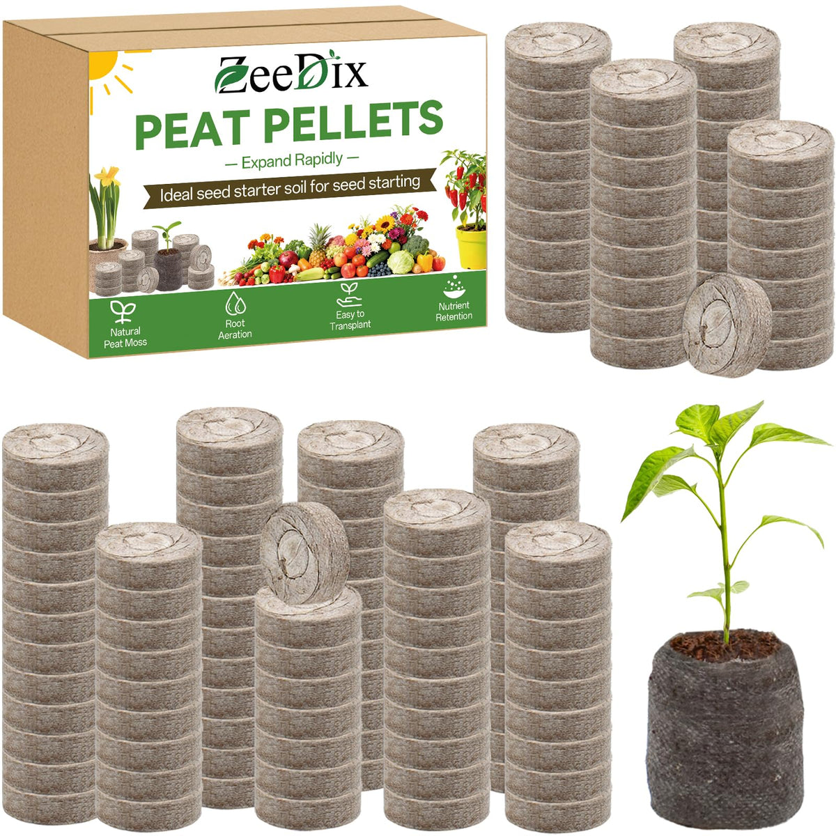 ZeeDix peat pellets 36mm compact pack promotes germination and easy transplanting.